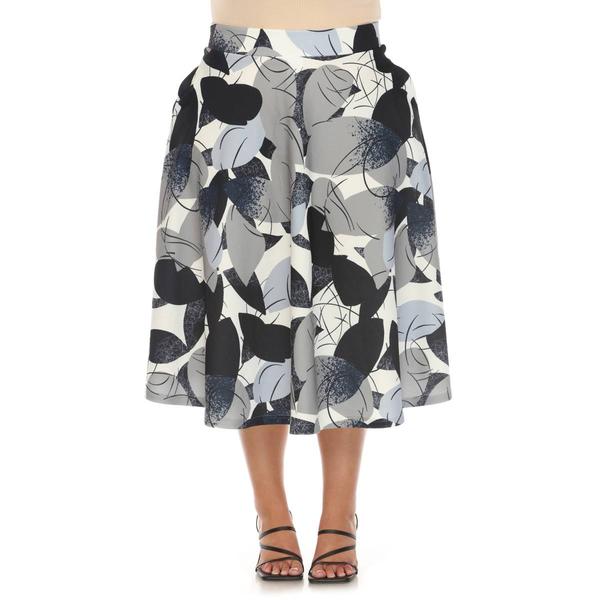 Plus Size White Mark Leaf Print Vintage Flared Midi Skirt
