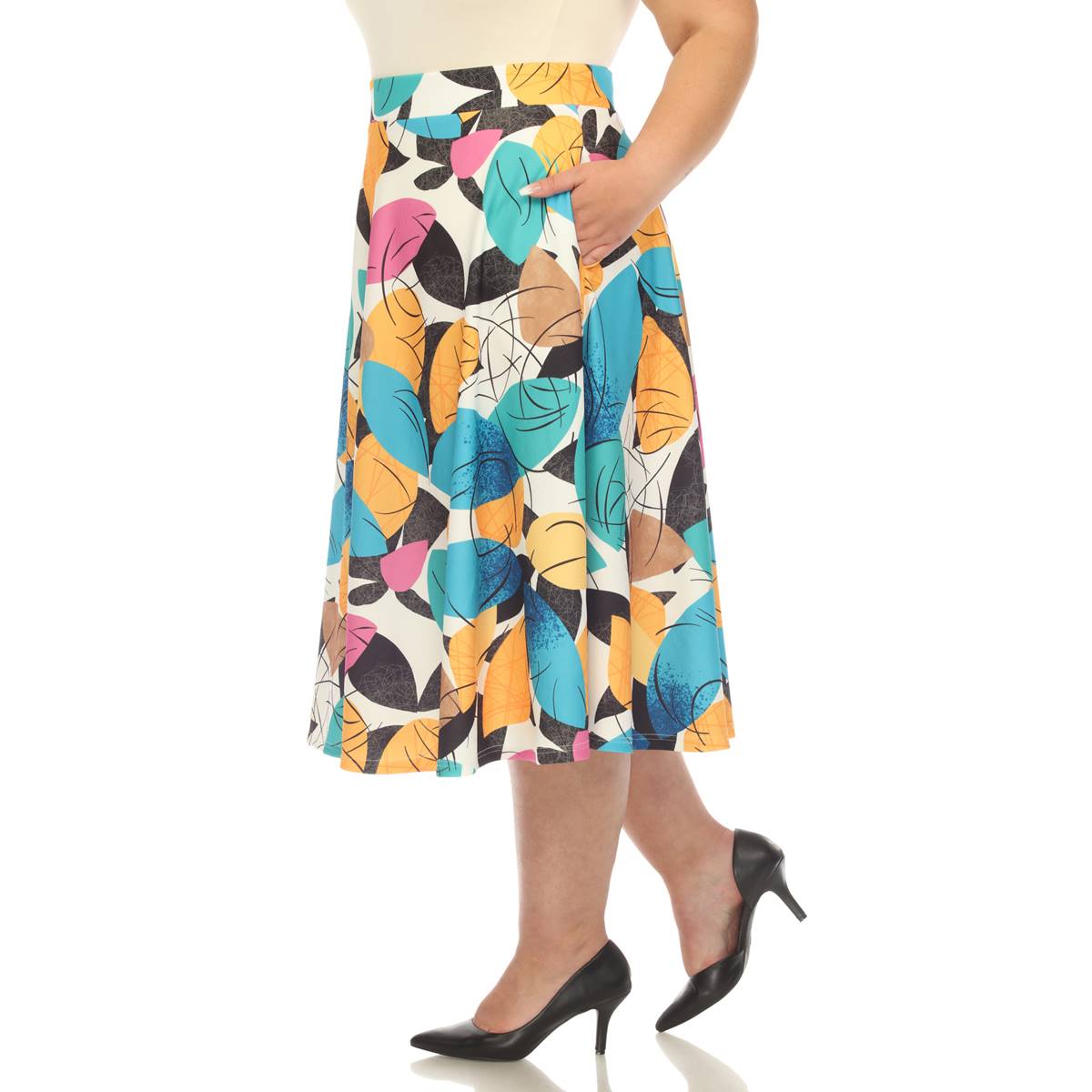 Plus Size White Mark Leaf Print Flared Midi Skirt