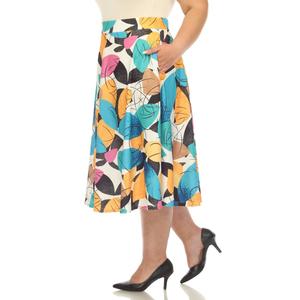Plus Size White Mark Leaf Print Flared Midi Skirt alternate view