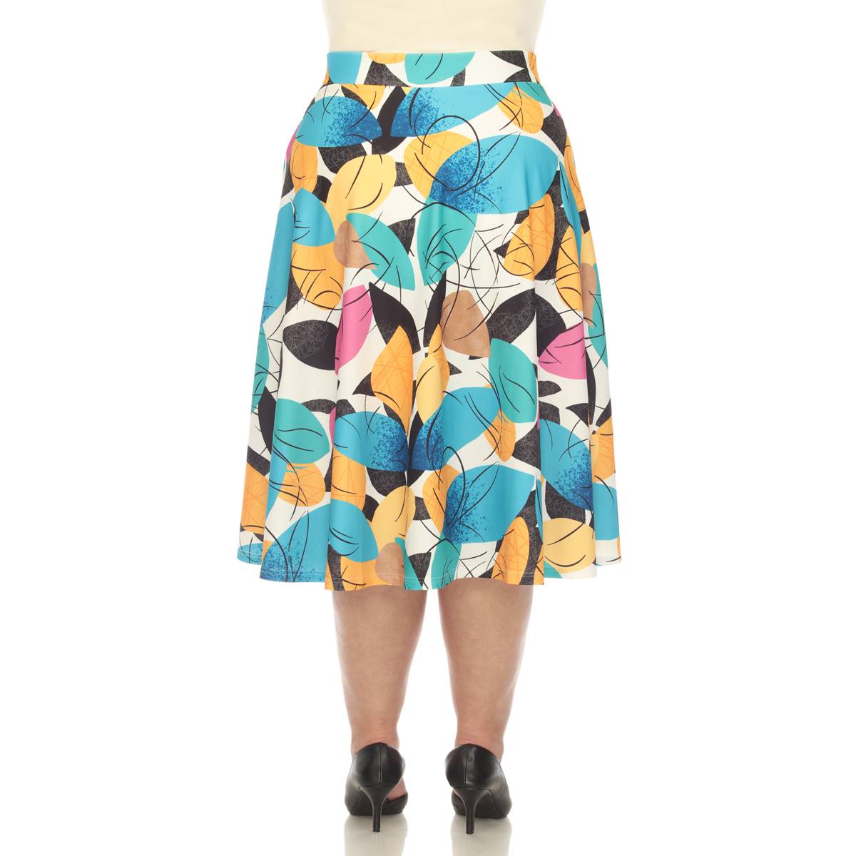 Plus Size White Mark Leaf Print Flared Midi Skirt