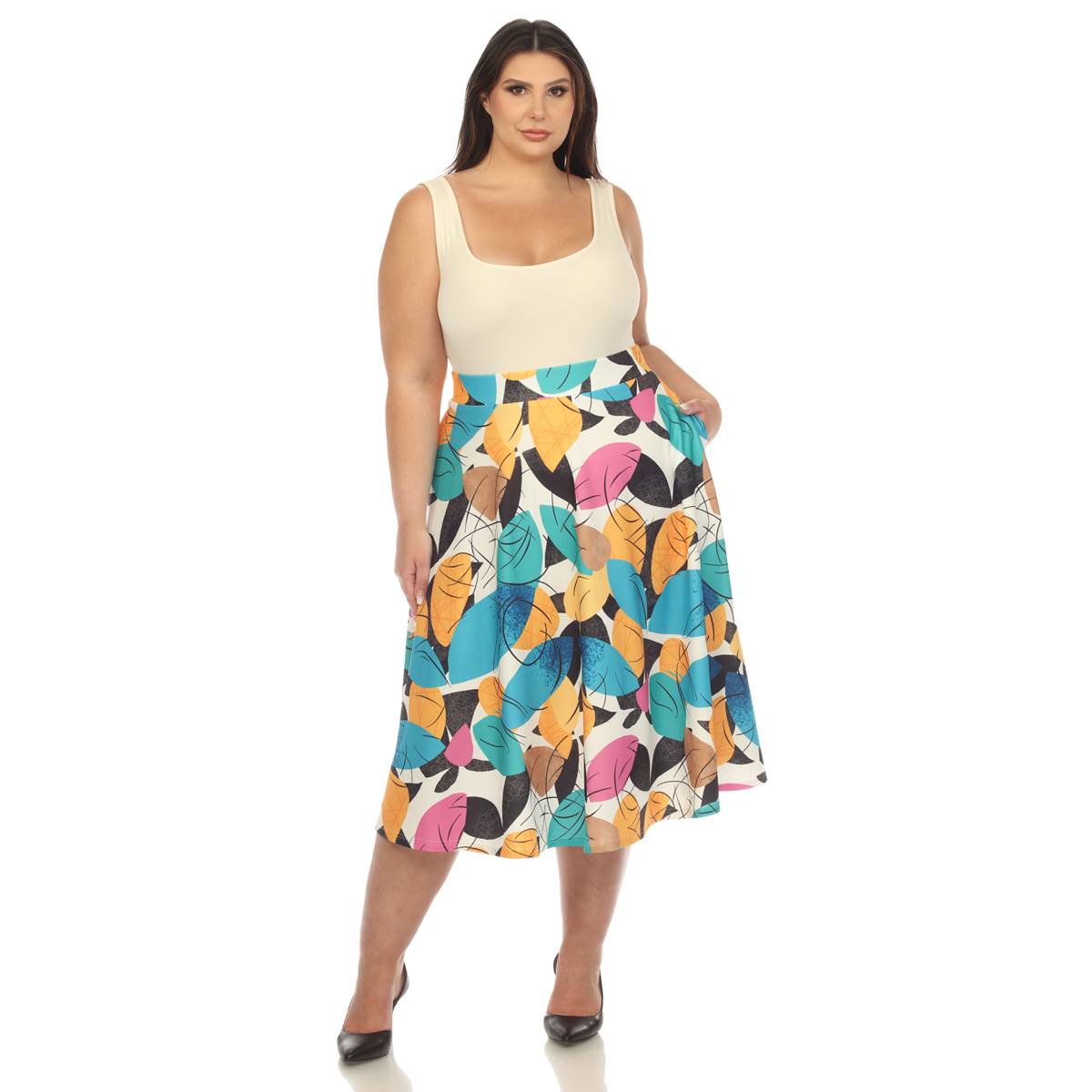 Plus Size White Mark Leaf Print Flared Midi Skirt