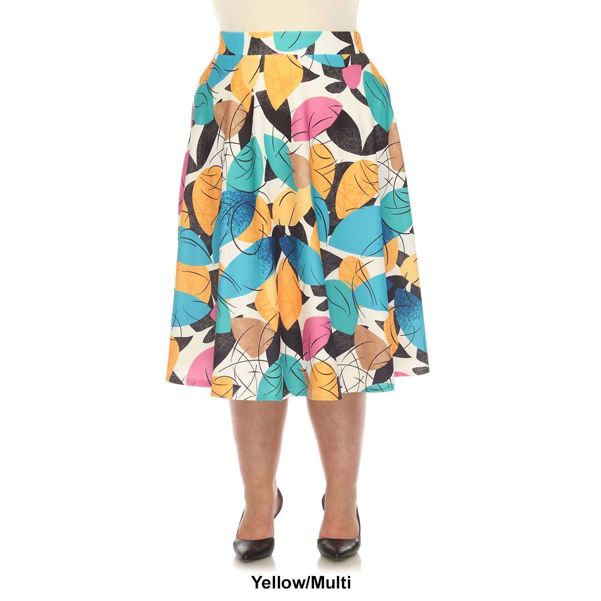 Plus Size White Mark Leaf Print Flared Midi Skirt