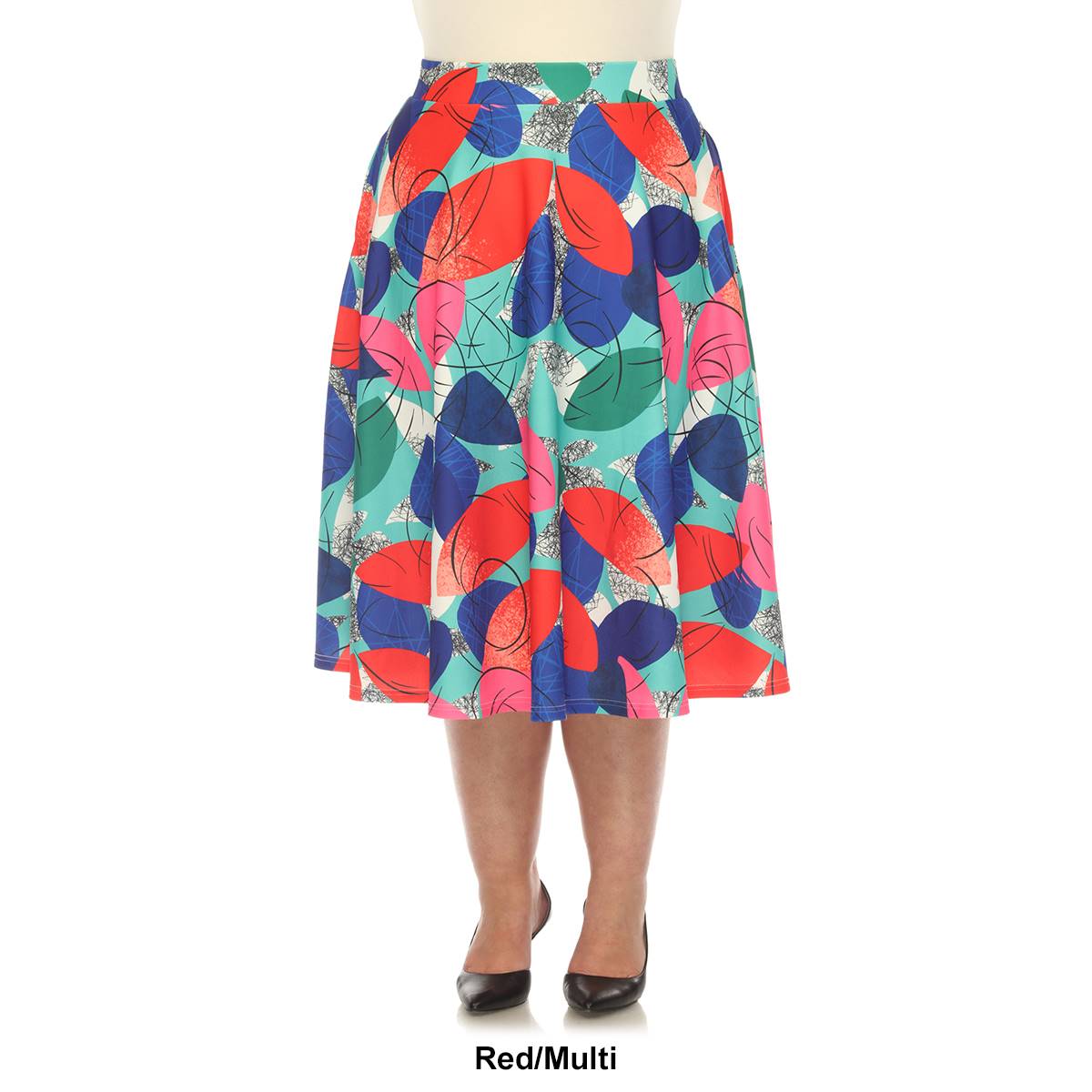 Plus Size White Mark Leaf Print Flared Midi Skirt