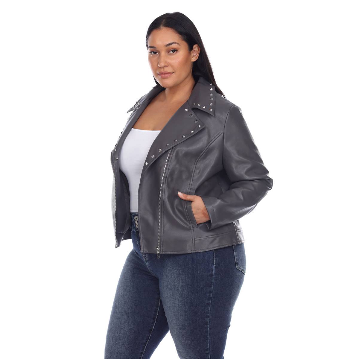 Plus Size White Mark Faux Leather Motorcycle Jacket