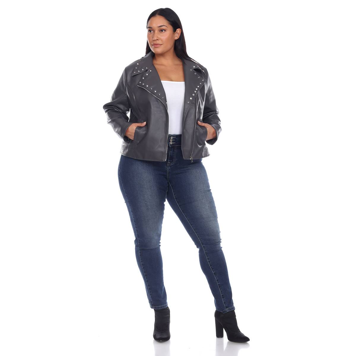 Plus Size White Mark Faux Leather Motorcycle Jacket