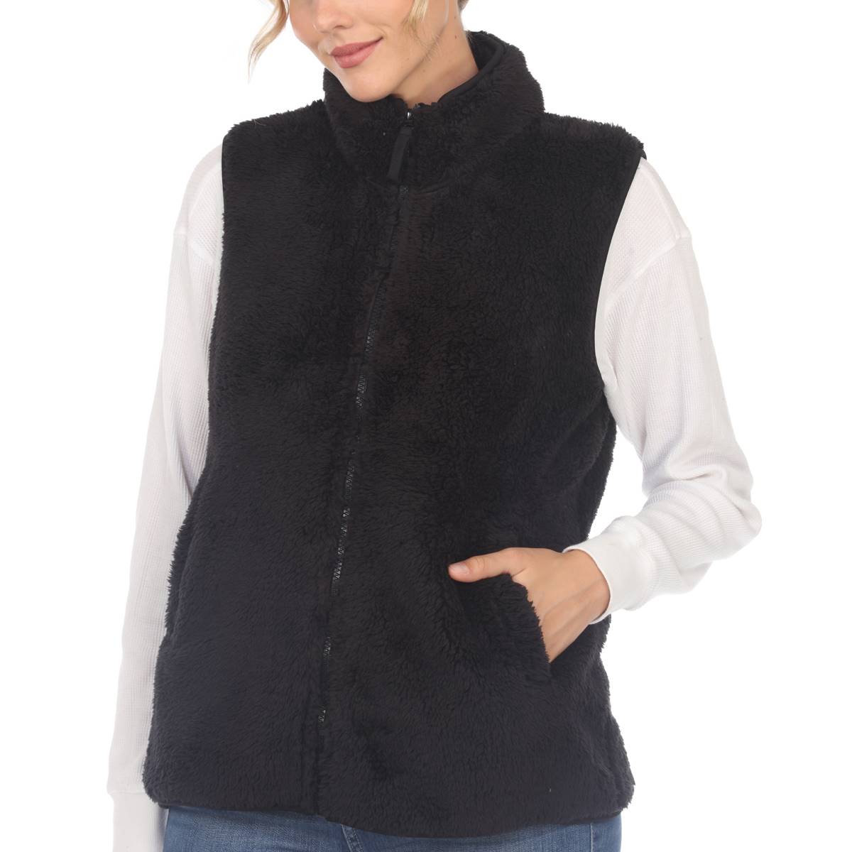 Womens White Mark Zip Up Sherpa Vest