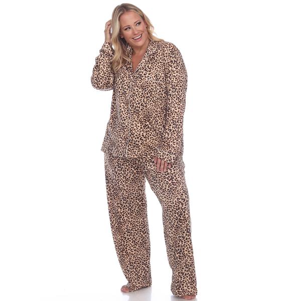 Plus Size White Mark Leopard Long Sleeve Pajama Set