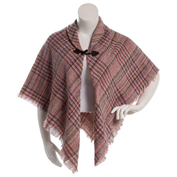 Womens Renshun Plaid Toggle Closure Fringe Edge Cape