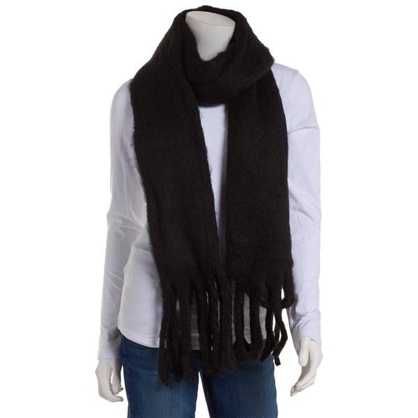 Womens Renshun Solid Black Blanket Scarf with Noodle Fringes