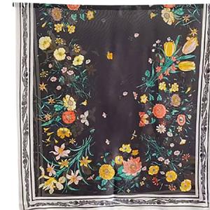 Womens Renshun Floral with Border Silk Oblong Scarf - Black