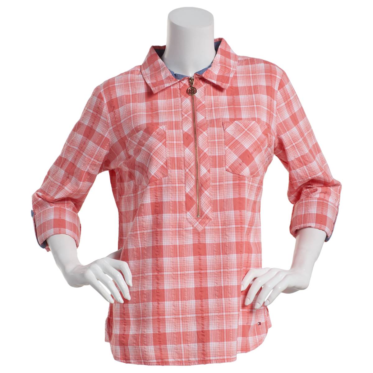 Womens Tommy Hilfiger Sport Zip Popover Cruz Crinkle Plaid Tee