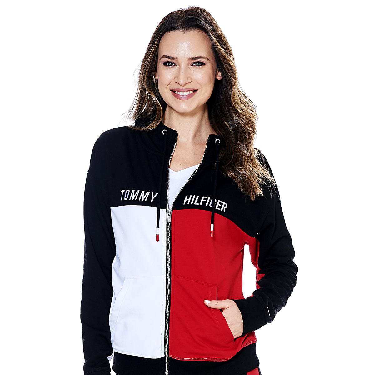 Womens Tommy Hilfiger Sport Color Block Logo Zip Front Hoodie