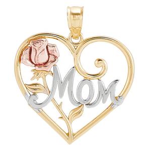 Gold Classics(tm) Two-Tone Gold Heart w/ Rhodium Mom & Rose Pendant