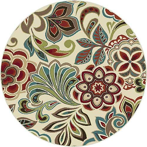 Tayse Deco Dilek Ivory Floral Pattern Round Area Rug