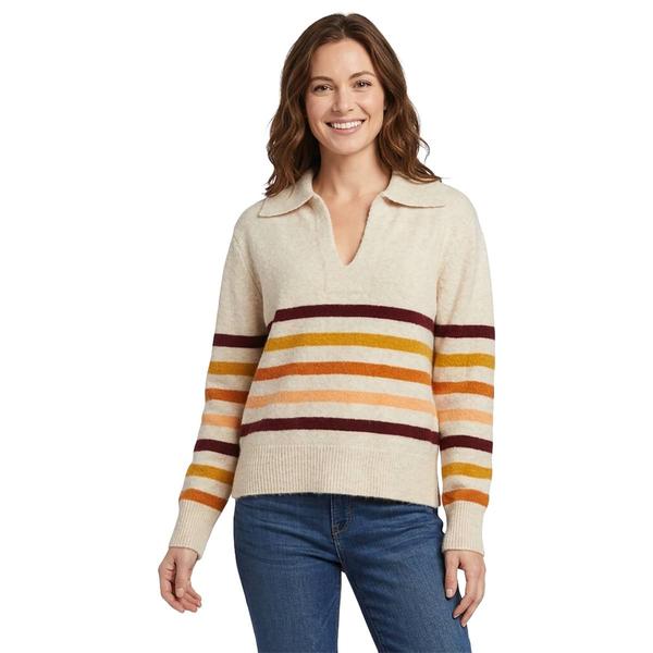 Womens Bobeau Long Sleeve Stripe Spread Collar Sweater - Oatmeal alternate view