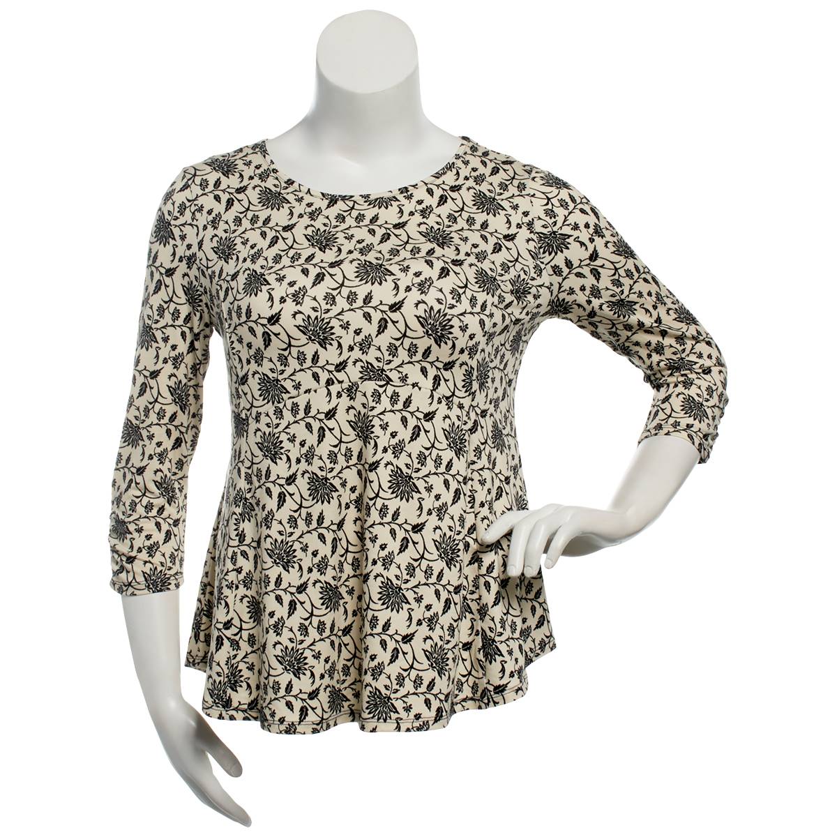 Womens Bobeau 3/4 Sleeve Two-Tone Floral Babydoll Tee