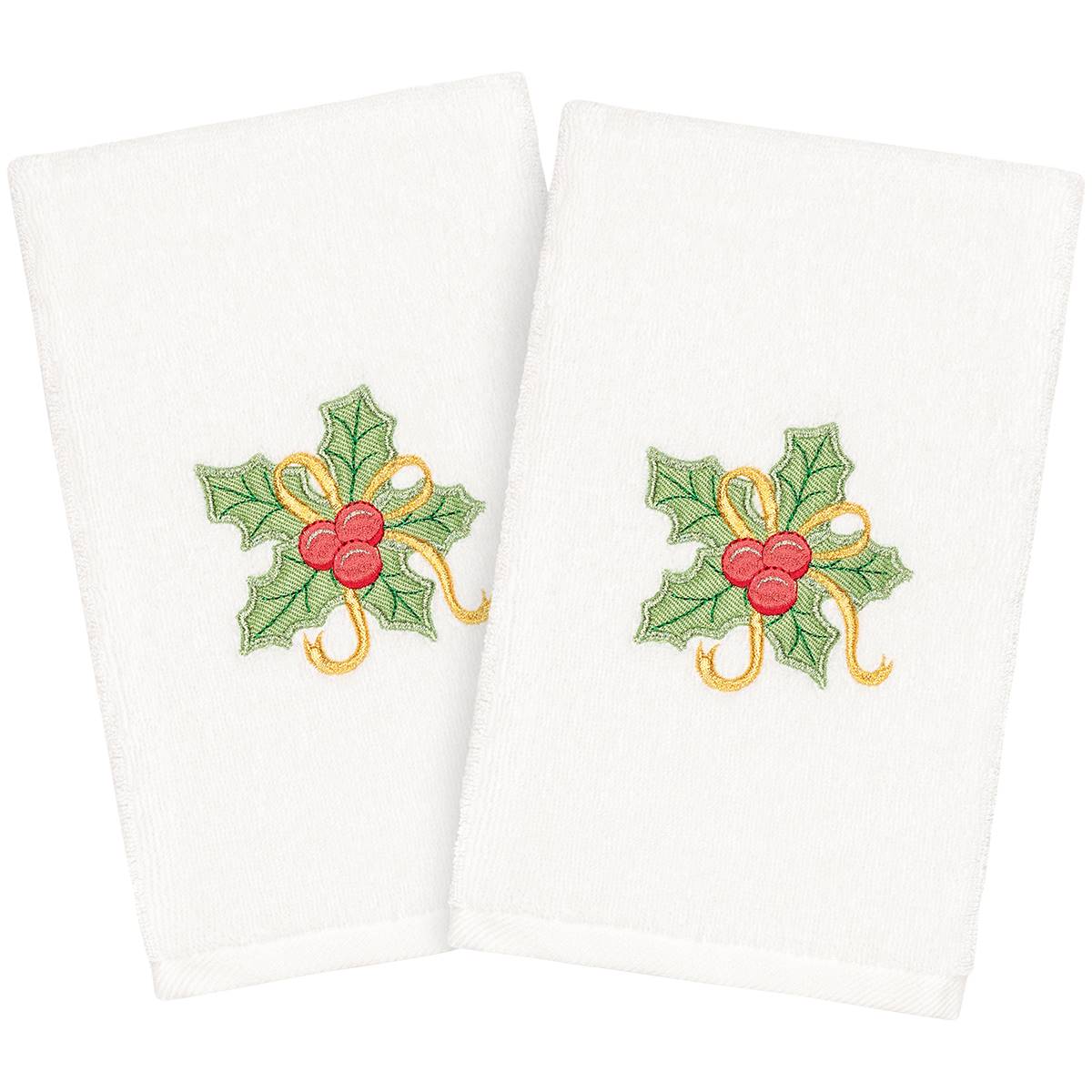 Linum Home Textiles Embroidered Christmas Holly Bunch Hand Towels
