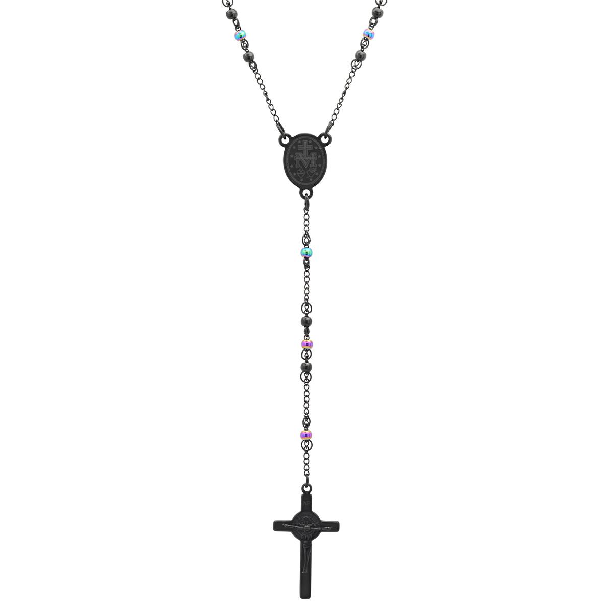 Mens Steeltime Black & Multicolor IP Stainless Steel Rosary