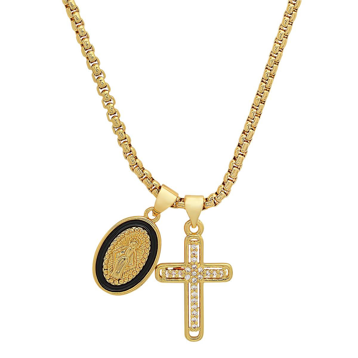 Mens Steeltime 18kt. Gold Plated Virgin Mary And Cross Necklace