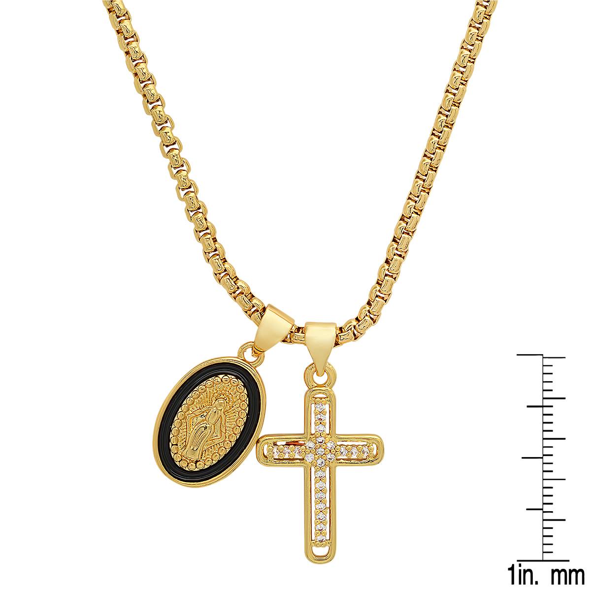 Mens Steeltime 18kt. Gold Plated Virgin Mary And Cross Necklace