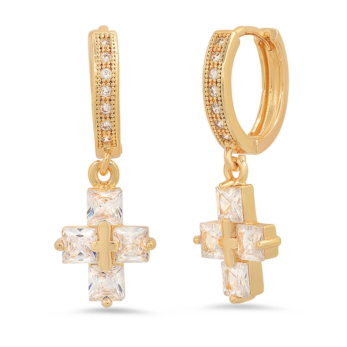 Steeltime Iced Out 18kt. Huggie Cross Charm Brass Drop Earrings