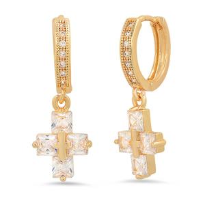 Steeltime Iced Out 18kt. Huggie Cross Charm Brass Drop Earrings