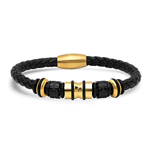 Mens Steeltime 18kt. Gold Plated & Leather Braided Bracelet