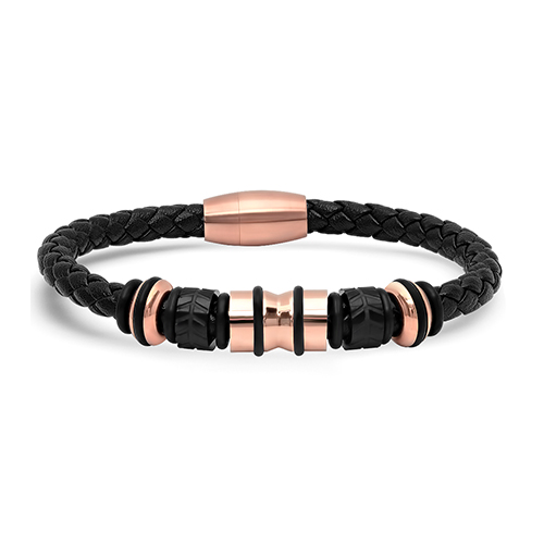 Mens Steeltime 18kt. Rose Gold & Leather Braided Bracelet