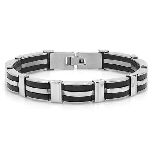 Mens Black Rubber & Stainless Steel Bracelet