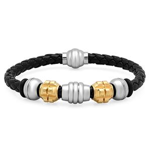 Mens Leather Bracelet with Gold Plated Accents
