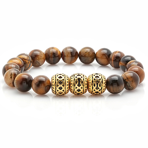 Mens Tiger Eye & 18kt. Gold Plated Beaded Bracelet