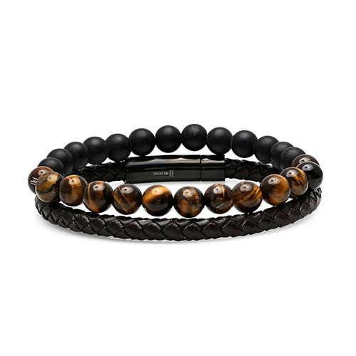 Mens Steeltime 2pc. Brown Leather & Tiger Eye Bead Bracelets