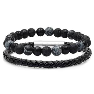Mens Steeltime Beaded and Leather Bracelet Set