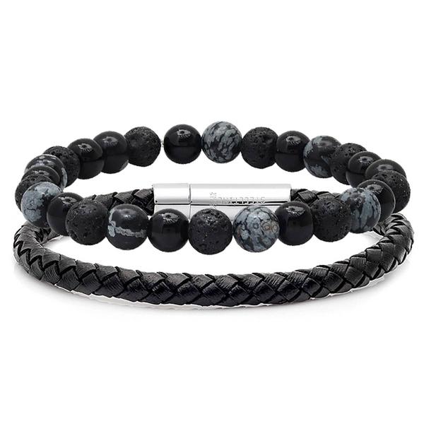 Mens Steeltime Beaded and Leather Bracelet Set