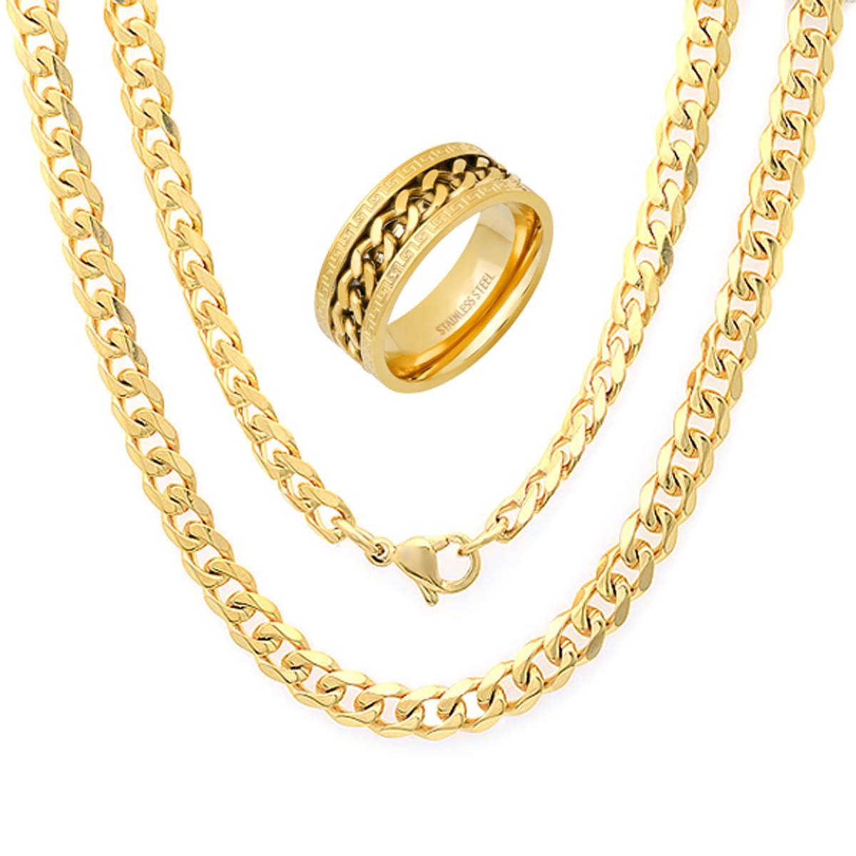 Steeltime Yellow Chain Necklace W/Cuban Link Spinner Ring Set