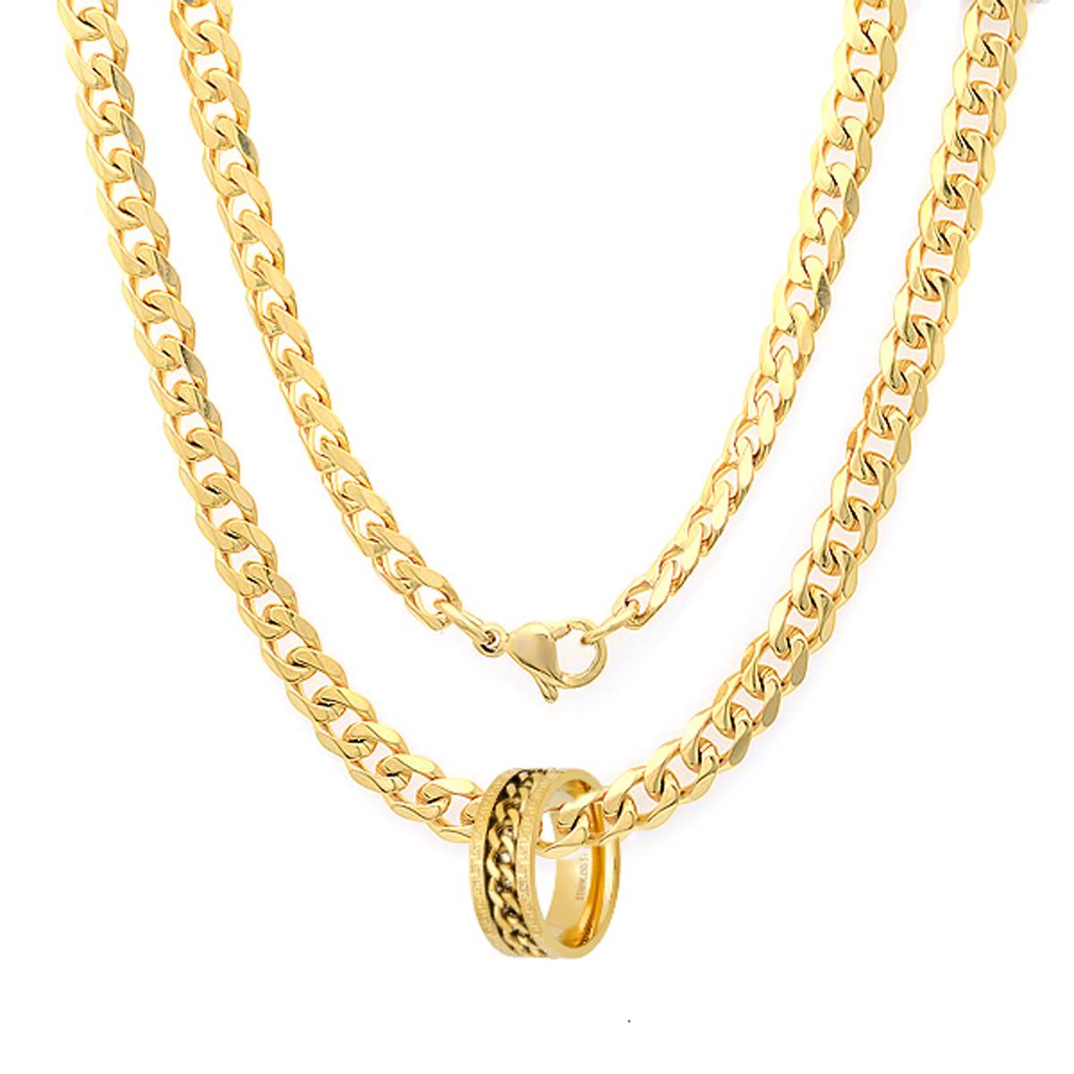 Steeltime Yellow Chain Necklace W/Cuban Link Spinner Ring Set