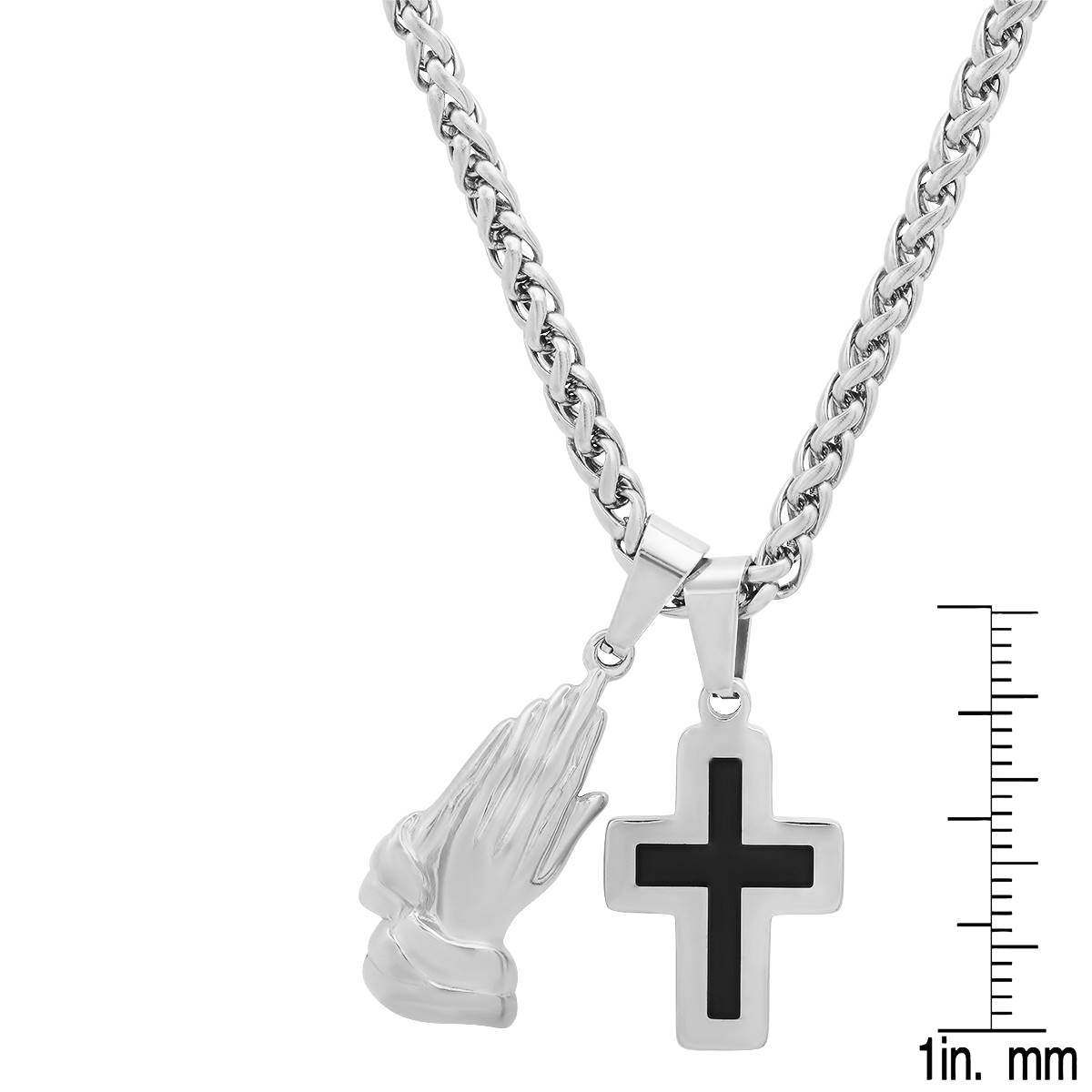 Mens Steeltime Stainless Steel Cross & Hand Prayer Necklace