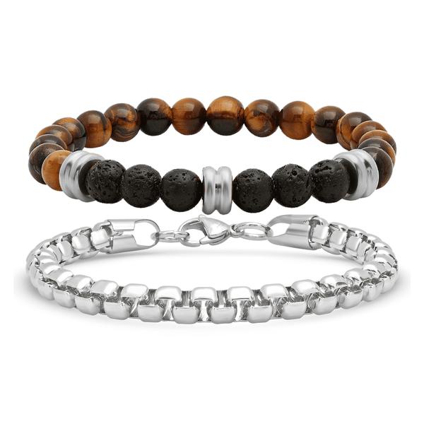 Mens Steeltime Beaded Tiger Eye Stainless Steel Bracelet Set