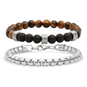 Mens Steeltime Beaded Tiger Eye Stainless Steel Bracelet Set