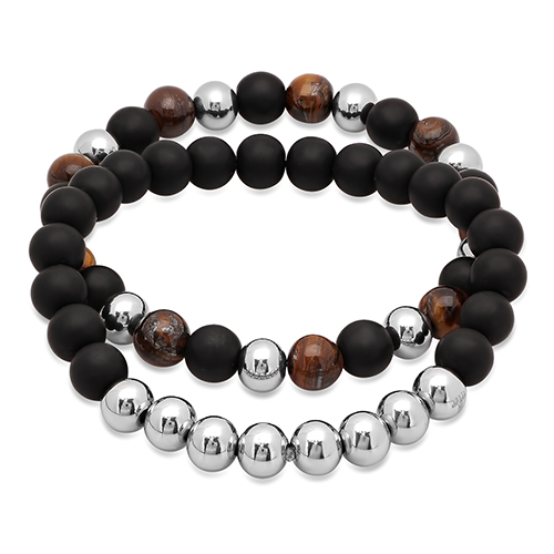 Mens Steeltime 2pc. Tiger Eye & Steel Beaded Bracelet