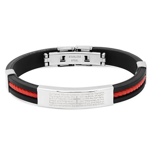 Mens Steeltime Our Father Prayer Black Rubber Bracelet