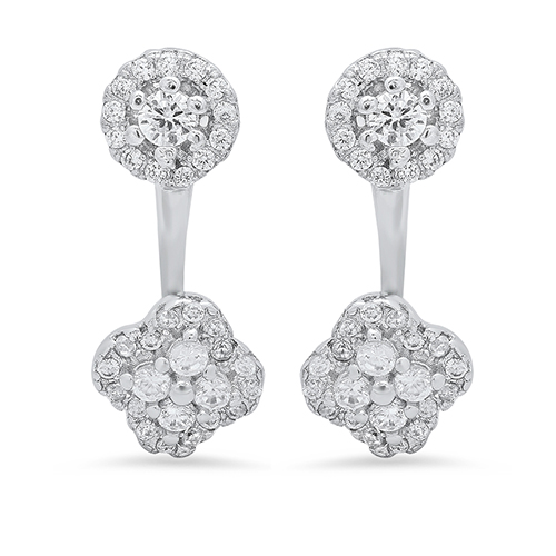 18kt. White Gold Plated Brass CZ Flower Front Back Earrings