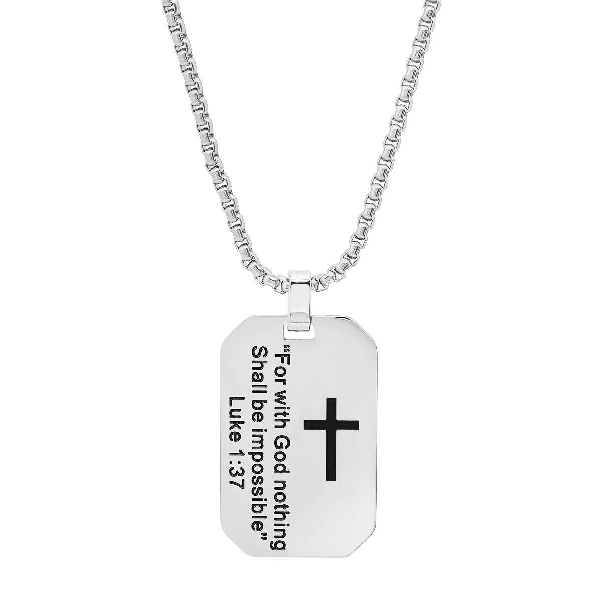 Mens Steeltime Dog Tag With Biblical Verse Luke 1:37