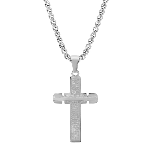 Mens Steeltime Steel Padre Nuestro Cross Pendant Necklace