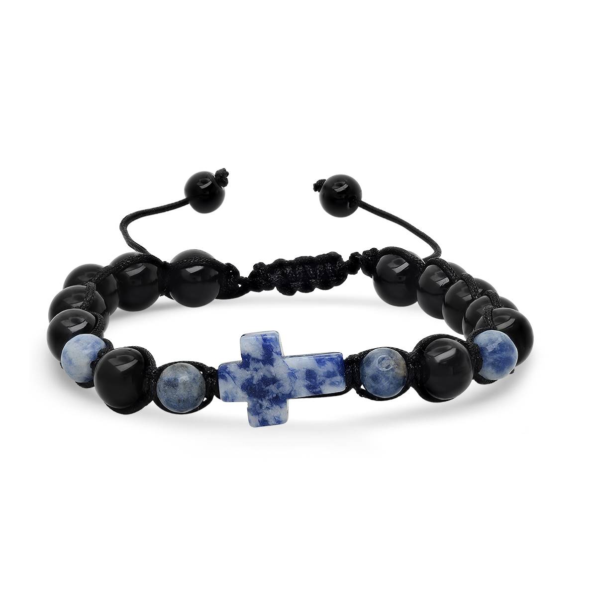 Mens Blue Stone And Black Beaded Drawstring Bracelet