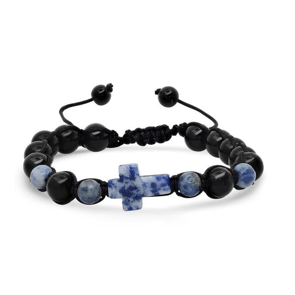 Mens Blue Stone and Black Beaded Drawstring Bracelet