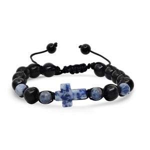 Mens Blue Stone and Black Beaded Drawstring Bracelet