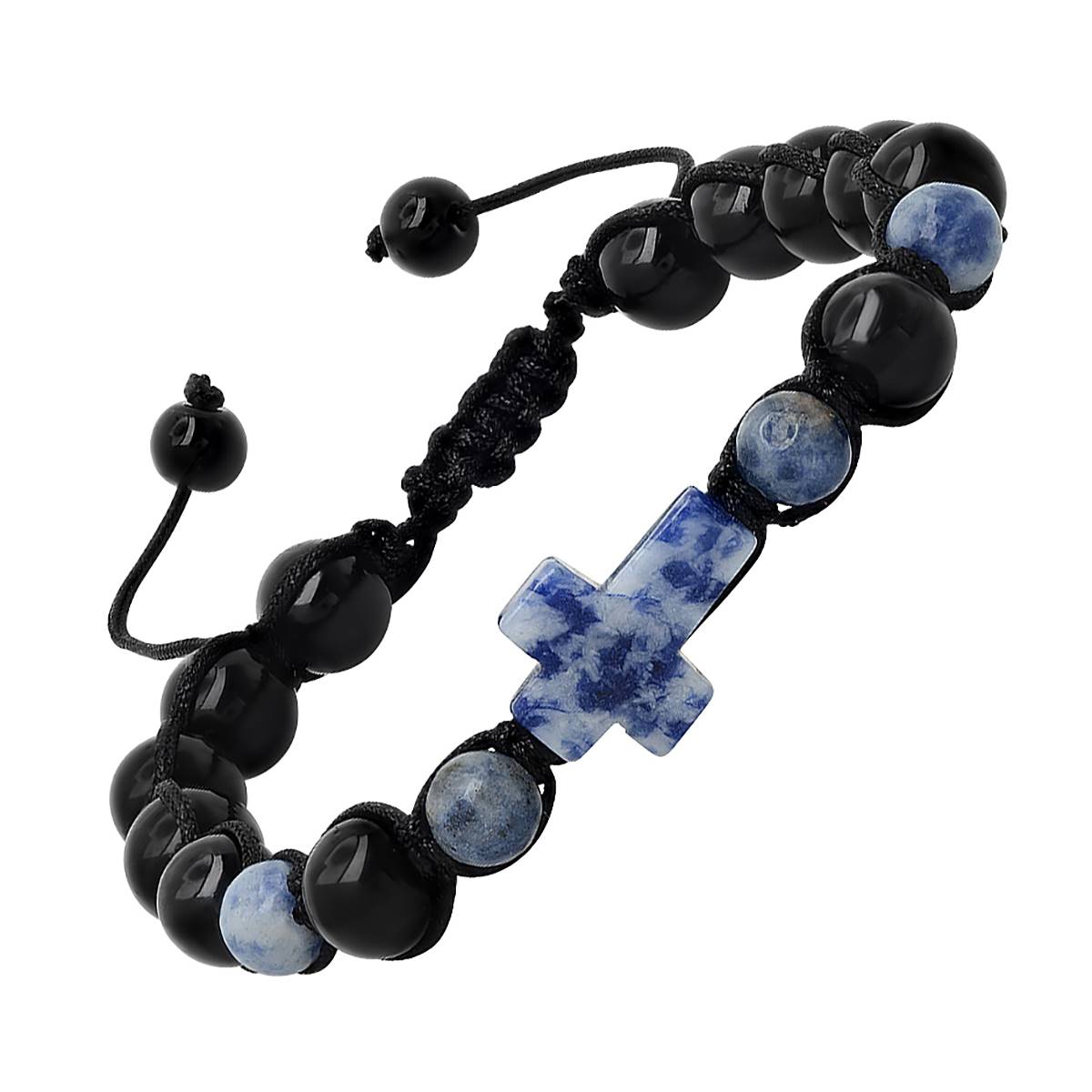 Mens Blue Stone And Black Beaded Drawstring Bracelet