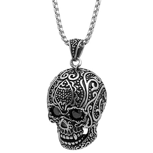 Mens Steeltime Black CZ Skull Pendant Necklace