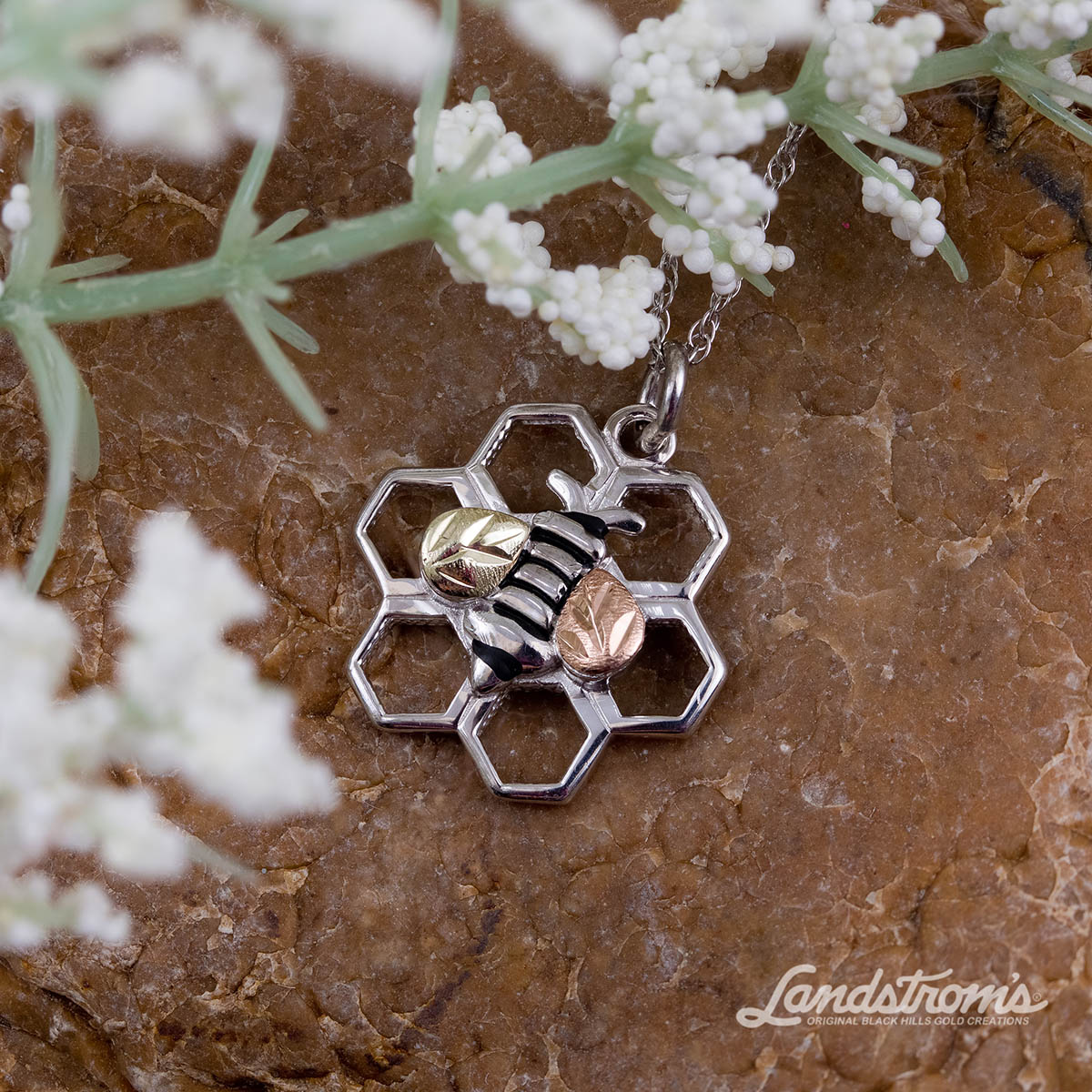 Gold Classics(tm) Black Hills Gold Silver Honeycomb & Bee Pendant